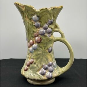 Vintage pottery grape & leaf pattern pitcher/vase.Rich vibrant colors,gold trim